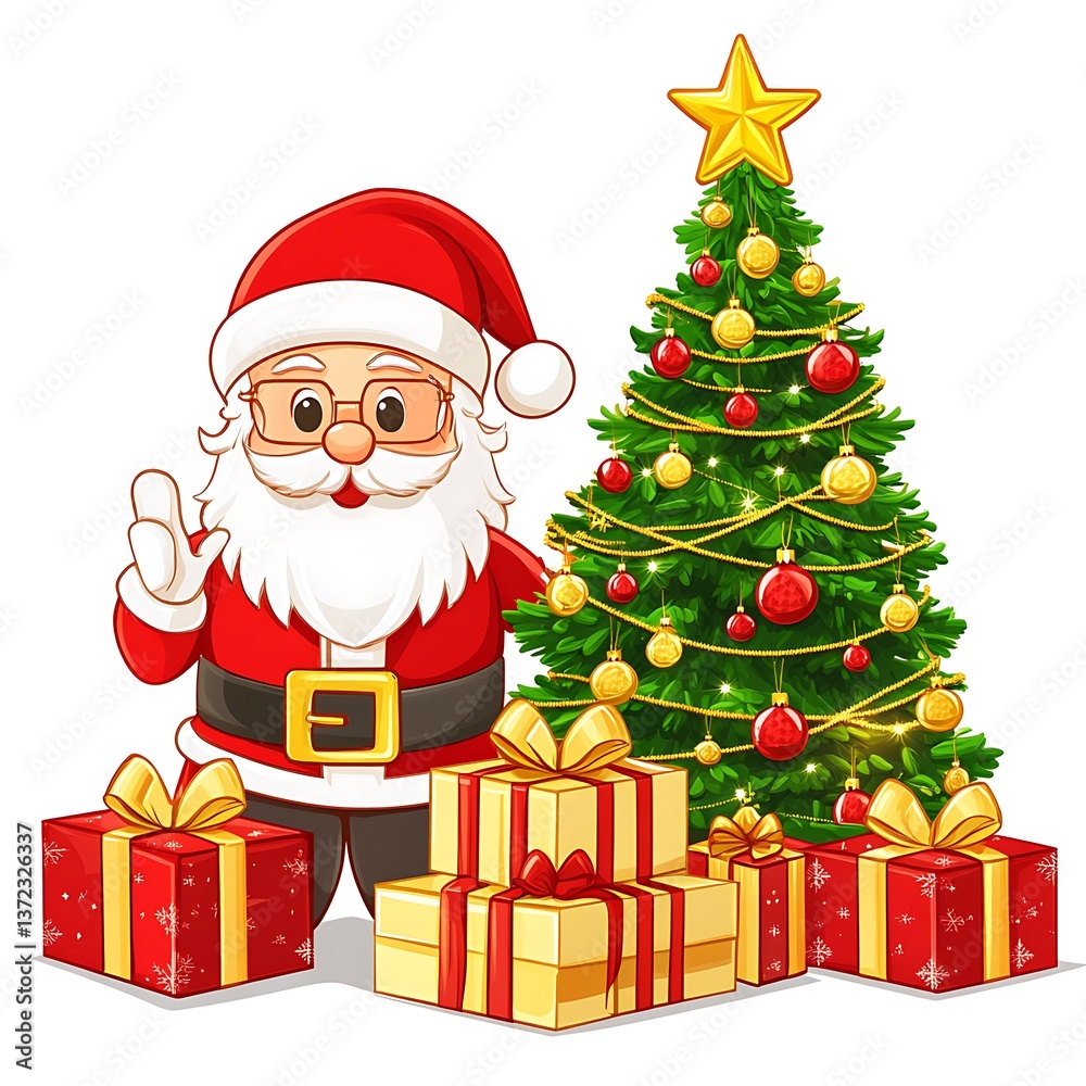 Fototapeta premium A happy cartoon Santa Claus standing next to a Christmas tree