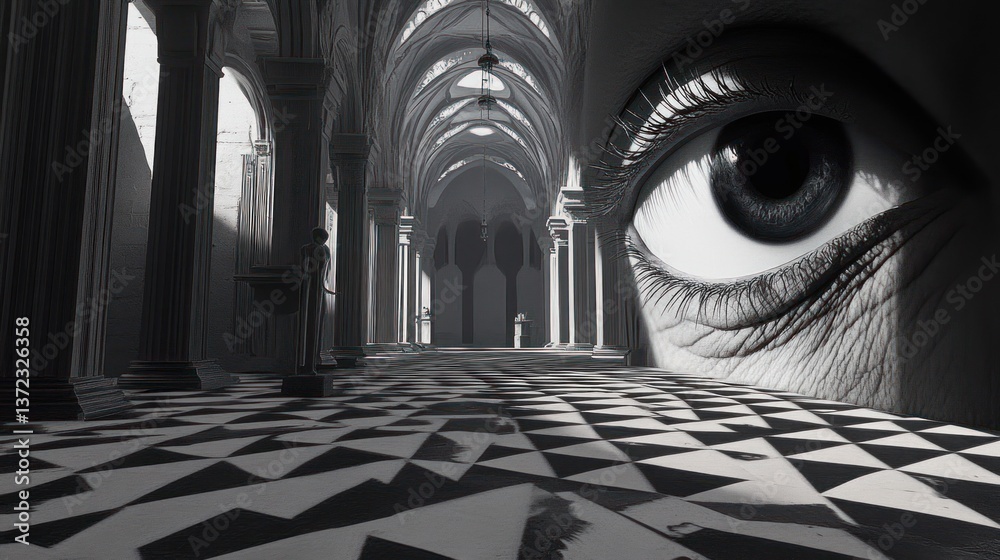 Giant eye watches hallway of ancient architecture