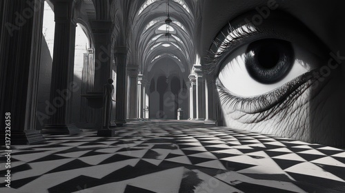 Obraz na płótnie Giant eye watches hallway of ancient architecture w salonie
