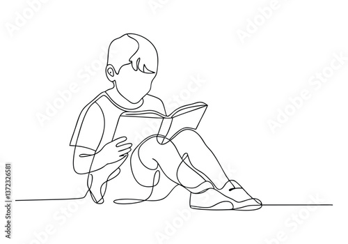 Continuous line drawing of a boy sitting on the floor reading a book in a minimalist one-line art style

