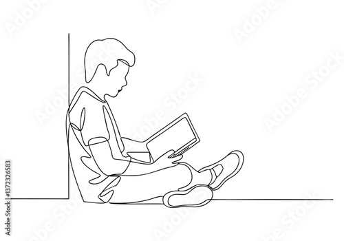 Continuous line drawing of a boy sitting on the floor reading a book in a minimalist one-line art style

