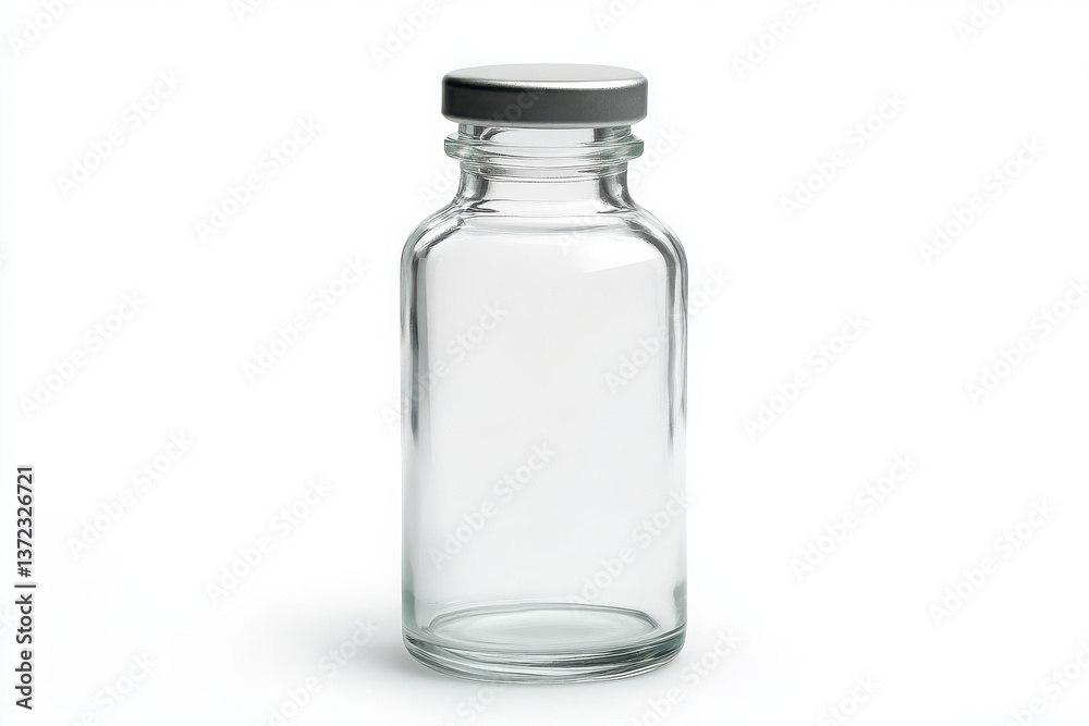 Clear glass bottle with a silver cap ideal for storing liquids essential oils or as a laboratory container Isolated on white background