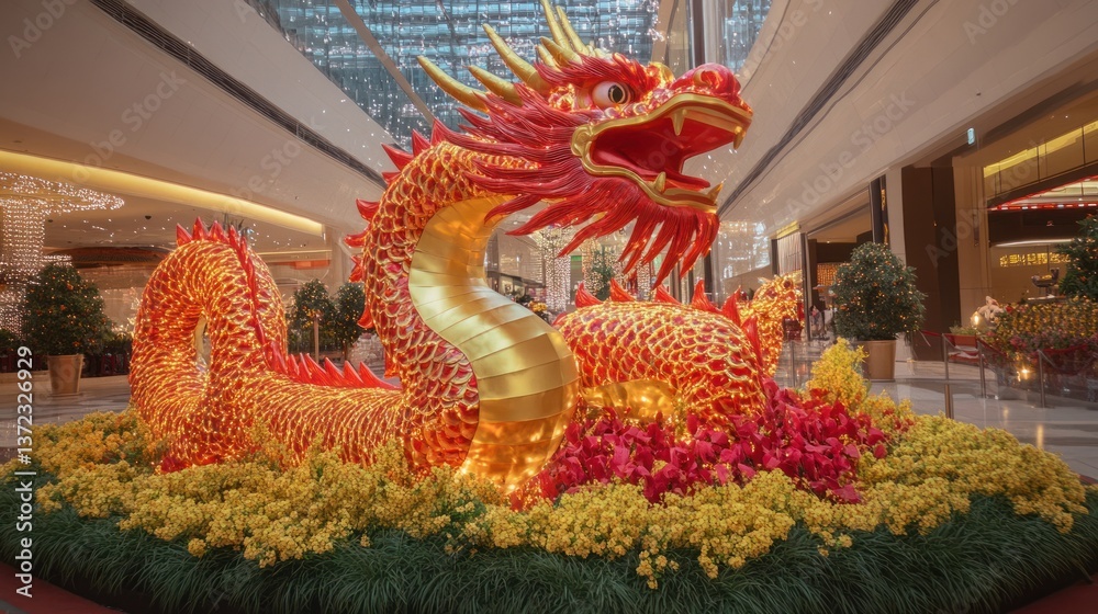 Giant Red Dragon Sculpture in a Modern Mall, Festive Flowers