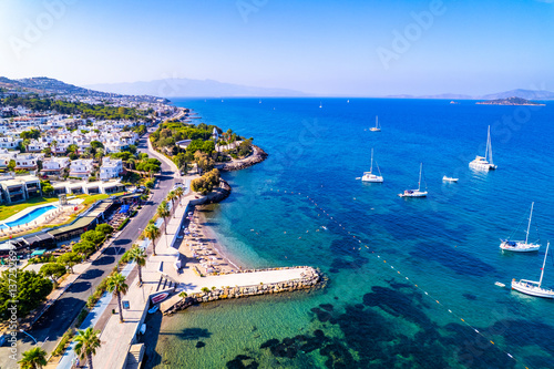 Fototapeta Naklejka Na Ścianę i Meble -  Aerial view of Turgutreis, Bodrum. Mugla, Turkey. Panoramic view of Turgutreis marina and beach. Drone shot.