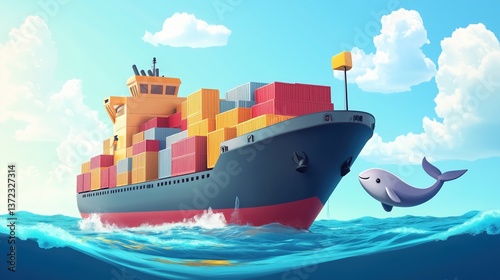 Friendly Whale Swimming Near Colorful Cartoon Cargo Ship