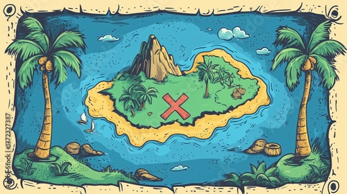 Cartoon Treasure Map with Island and Palm Trees Illustration