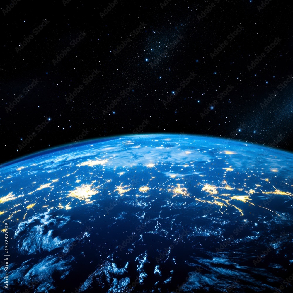 Obraz premium Night view of Earth from space, showing city lights and cloud formations. Dark blue and black background with bright lights illuminating the planet's surface.