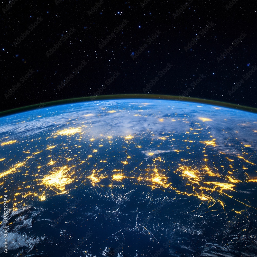 Obraz premium Night view of Earth from space, showing city lights and dark areas. The image displays the curvature of the planet with a dark space background filled with stars.