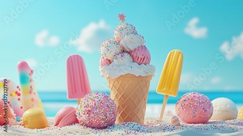 Cheerful Ice Cream Stand with Multiple Scoops and Colorful Treats