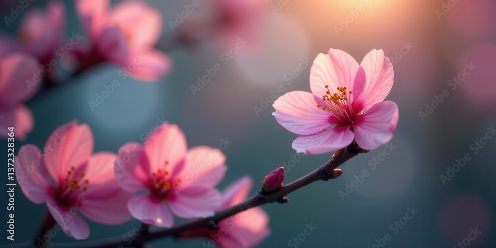 Obraz premium Delicate Pink Blossoms Illuminated by Golden Hour Sunlight on a Branch