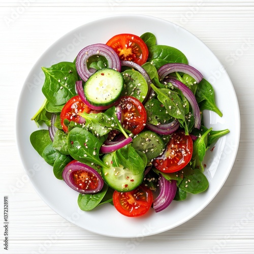 Overhead shot of a fresh salad with spinach, cucumber, tomatoes, and red onions on a white plate. The salad is seasoned with herbs and spices. 