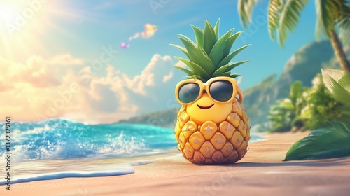 Cute Pineapple Character Wearing Sunglasses on a Beach Near Water