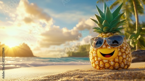Cute Pineapple Character Wearing Sunglasses with a Beach Background