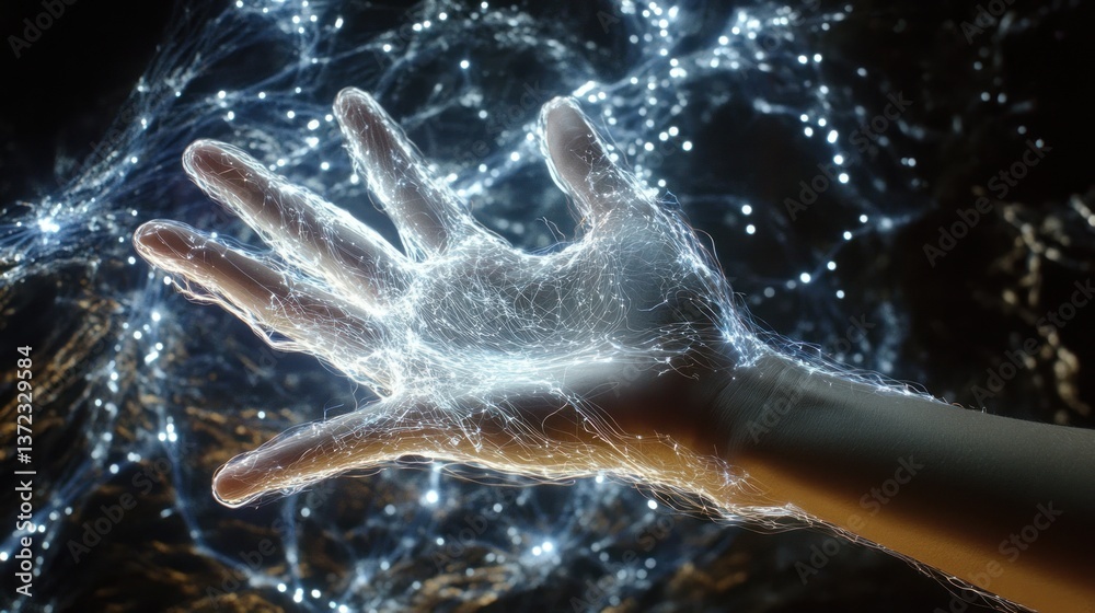 Glowing hand reaching out through ethereal web, dark background