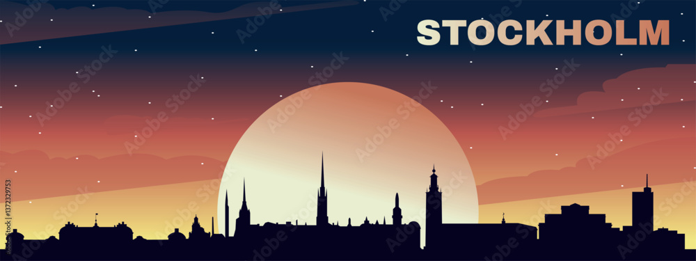 black silhouette of the city of Stockholm Against the backdrop of the sunset and starry sky