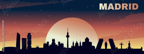 black silhouette of the city of Madrid Against the backdrop of the sunset and starry sky