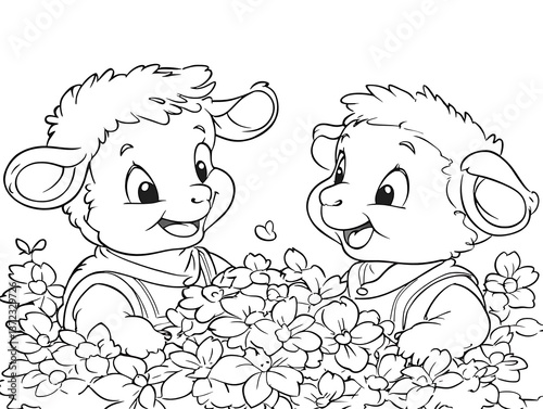 Two cartoon lambs are smiling amongst some beautiful flowers