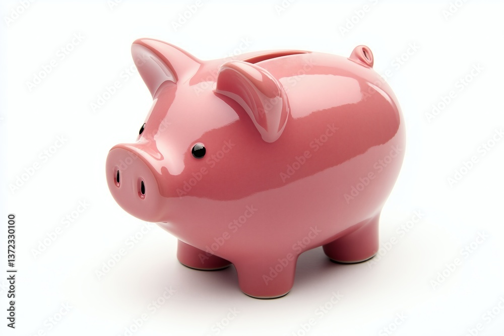 Glossy Pink Piggy Bank with Black Eyes and a Coin Slot on Top, Featuring a Curled Tail Glossy Pink Piggy Bank with Black Eyes and a Coin Slot on Top, Featuring a Curled Tail