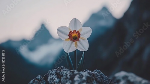 A beautiful white flower blooming on top of a rock