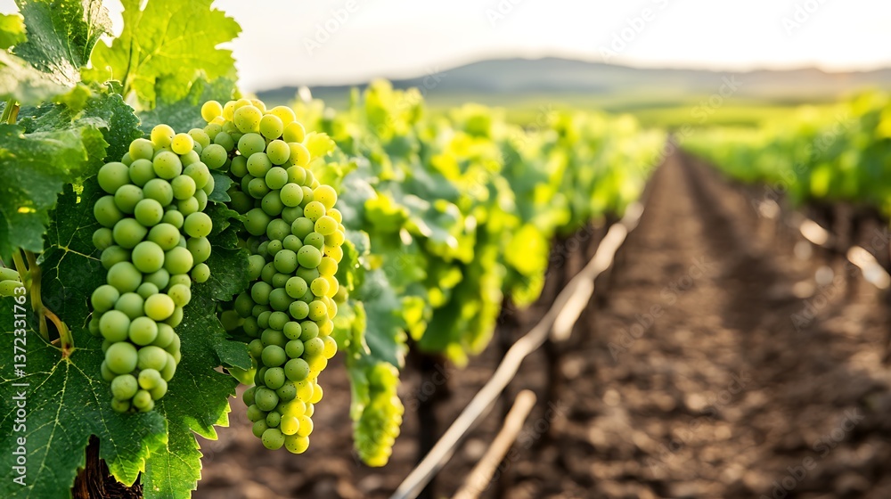 Close up of ripe green grapes in a vineyard field Close up of ripe green grapes in a vineyard field