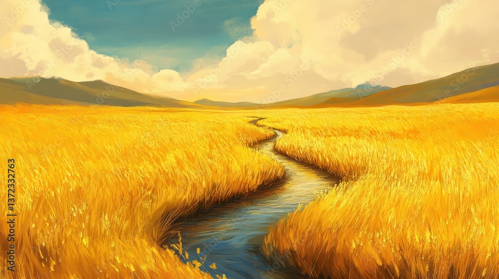 Golden Field Stream Winding Path Sunny Landscape