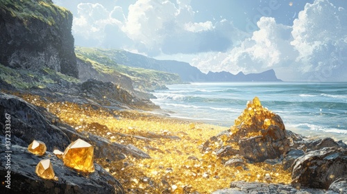 Golden Gemstones Beach, Coastal Landscape, Sunlit Shore