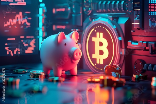 Digital Investment Concepts with Piggy Bank and Cryptocurrency Themes