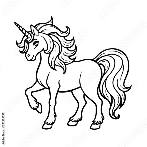 Magical Unicorn's Grace: A majestic unicorn, with a spiraled horn, flowing mane, and poised stance, embodies enchantment in a whimsical design.