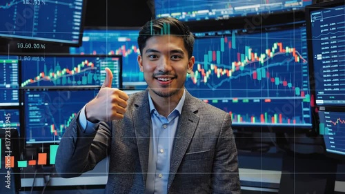Confident trader in suit smiling broadly, showing thumb up for a great job. Monitors display financial data and volatility charts. Data hologram.