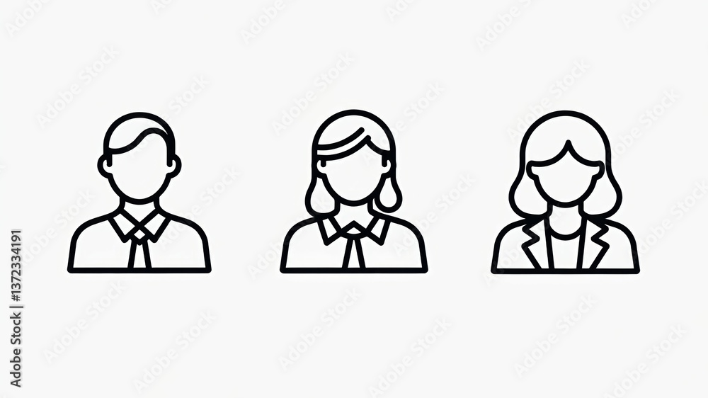 Naklejka premium Minimalist line art icons depicting three individuals in professional attire. Faceless. No expression