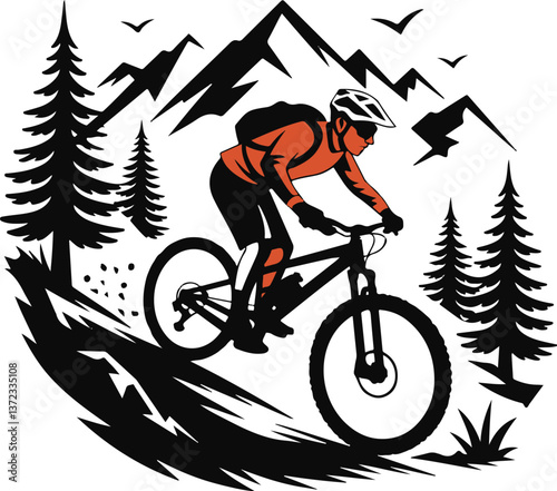 mountain biking Black and White Vector