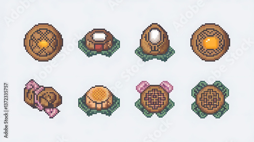 Pixel art of various Asian pastries likely mooncakes or similar treats