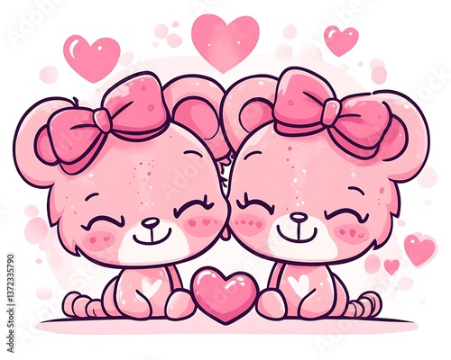Two adorable pink teddy bears surrounded by romantic hearts of love