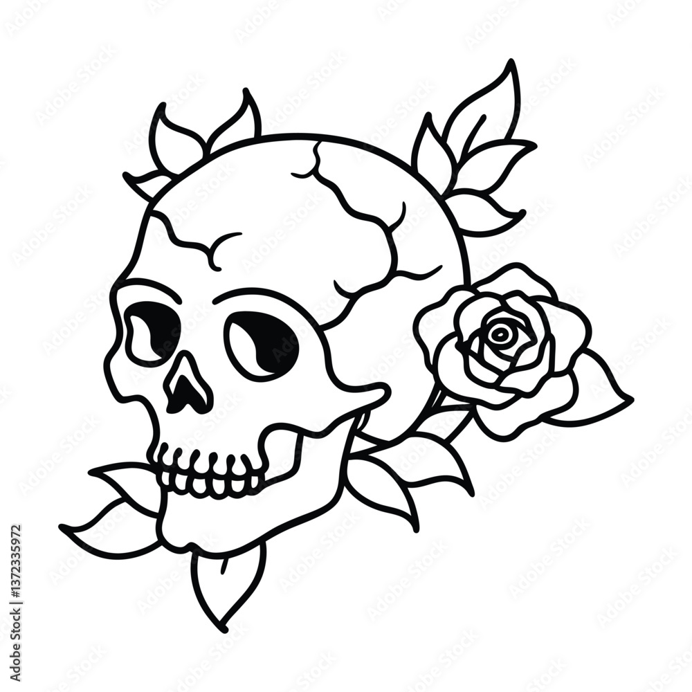 Fototapeta premium Memento Mori: a line art illustration of a skull adorned with a rose. a symbol for life and death, in simple and clean artistic line drawing.