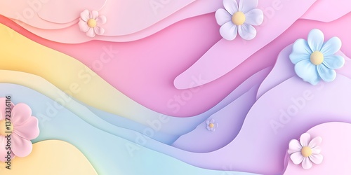 Abstract, colorful paper cut flowers frame a background with copy space