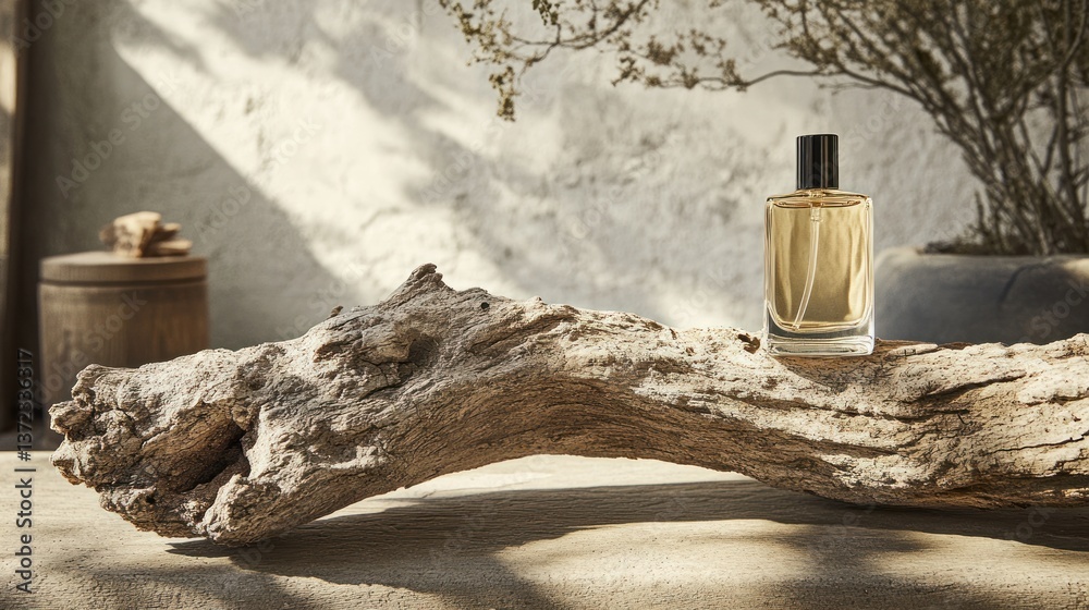 Golden perfume bottle on driftwood, sunlit patio, rustic background