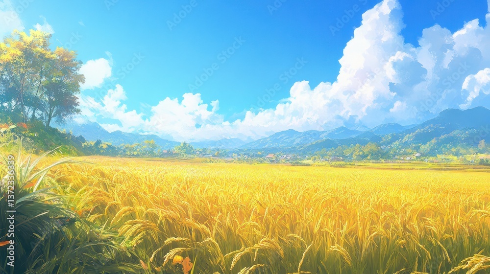 Golden rice paddy field, sunny mountain village landscape