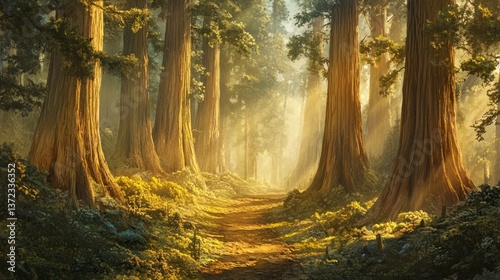 Obraz na płótnie Golden Sunlight Path Through Redwood Forest (1) w salonie