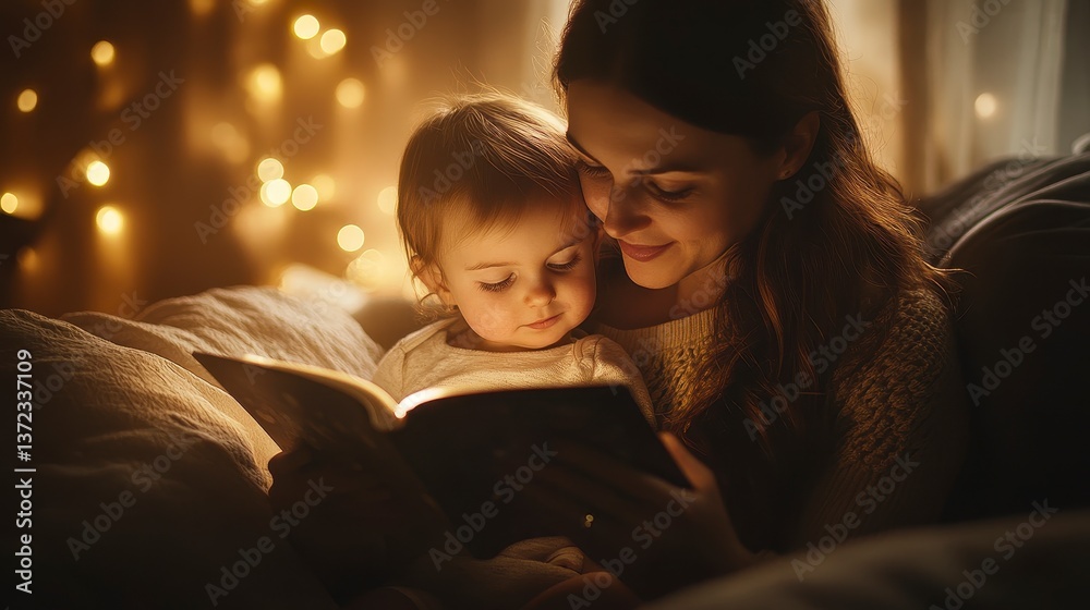 Mother and Daughter Sharing a Bedtime Story in Warm Evening Light Mother and Daughter Sharing a Bedtime Story in Warm Evening Light