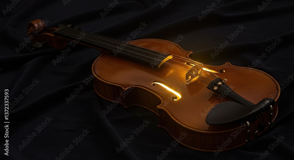Fototapeta premium An elegant wooden violin lying on dark velvet fabric. A soft, ethereal neon glow (warm gold color) emanates from within the f-holes of the instrument, suggesting magical music