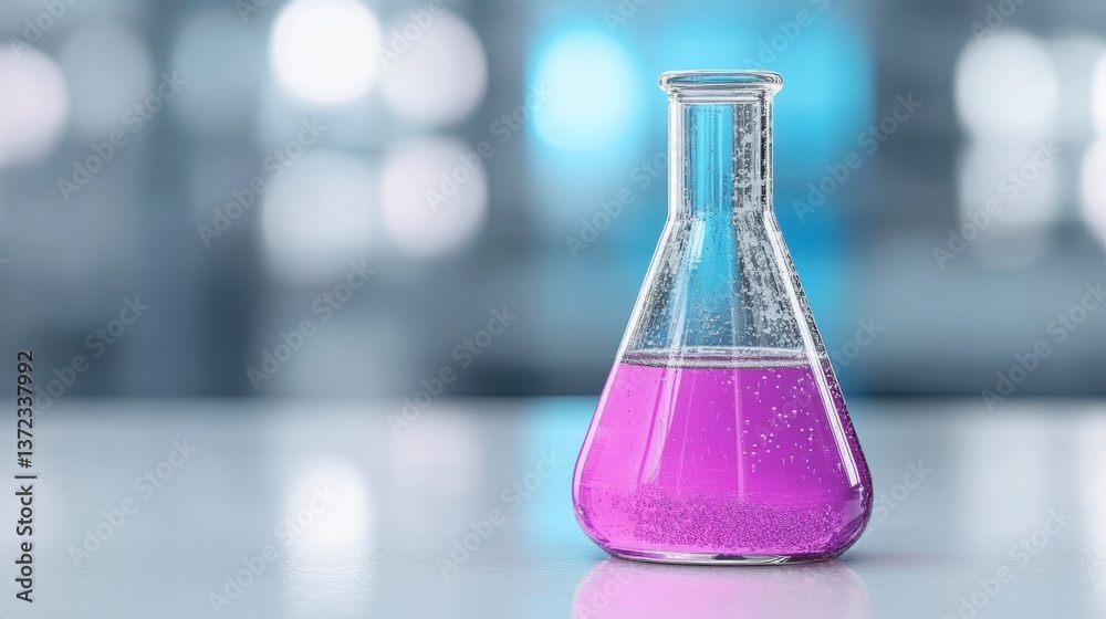 A clear Erlenmeyer flask containing a vibrant purple liquid sits on a white surface against a blurred, light blue and white laboratory background. The liquid appears slightly bubbly. A clear Erlenmeyer flask containing a vibrant purple liquid sits on a white surface against a blurred, light blue and white laboratory background. The liquid appears slightly bubbly.
