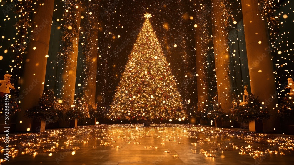 Grand Christmas tree in ornate hall with falling snow