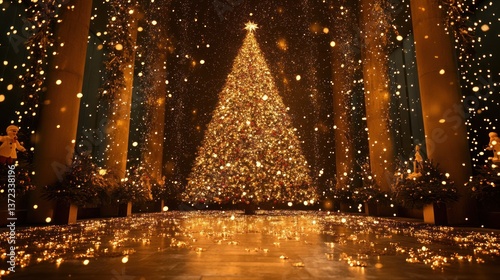 Obraz na płótnie Grand Christmas tree in ornate hall with falling snow w salonie