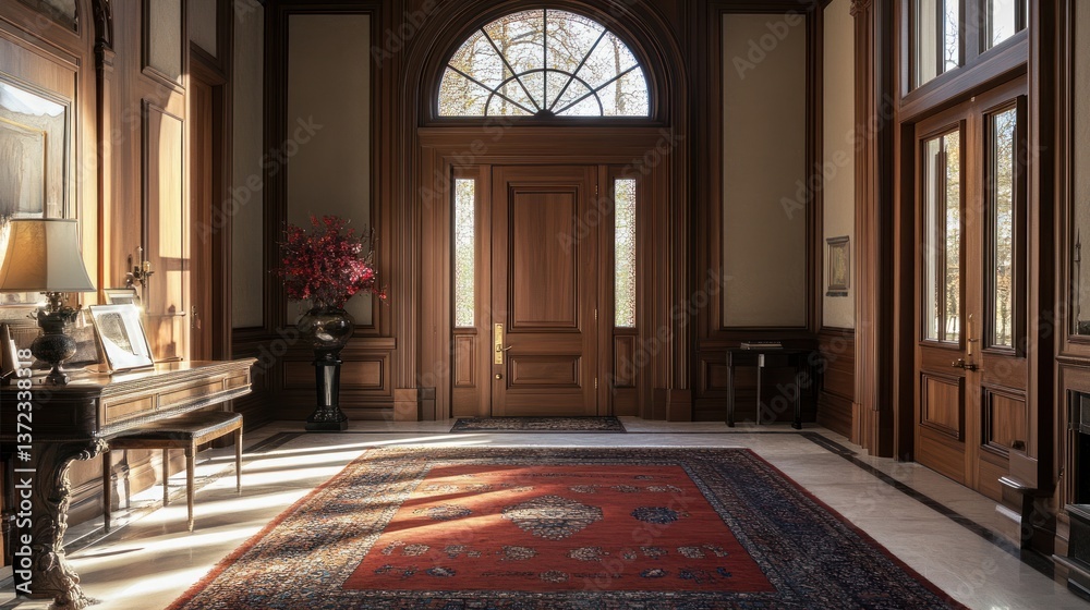 Grand entryway, sunlit wooden foyer, rich interior decor, sunlight streams through arch window