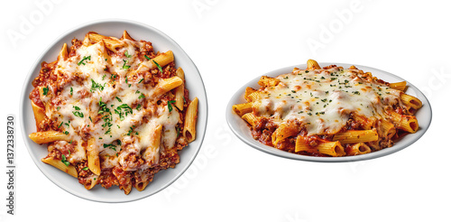Baked Ziti pasta with meat sauce and melted cheese isolated on transparent background, pasta dish bundle