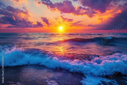 A breathtaking view of the sun rising above the ocean waves, casting vibrant colors across the sky and reflecting on the water's surface.