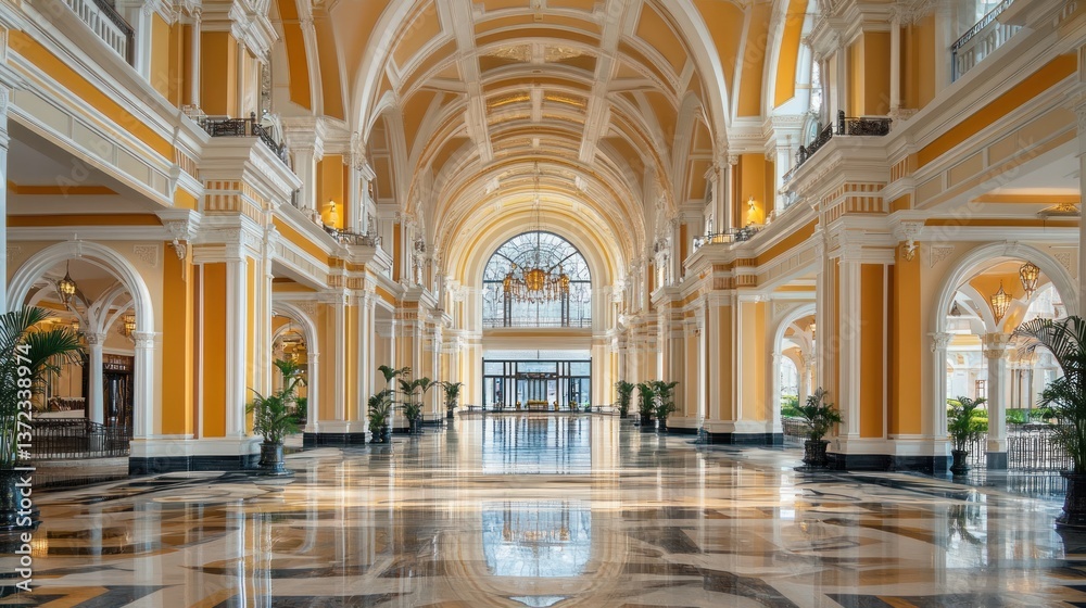 Grand hotel lobby, opulent interior, arched ceilings, potted plants, elegant design