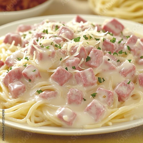 A plate of delicious spaghetti pasta with creamy sauce and ham