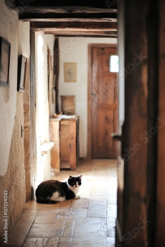 A cat is lounging peacefully in the corridor of a charming country cottage.