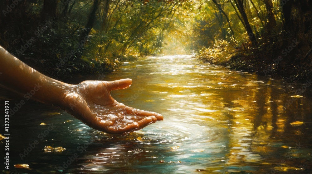 Hand reaching into a forest stream, sunlight filtering through trees